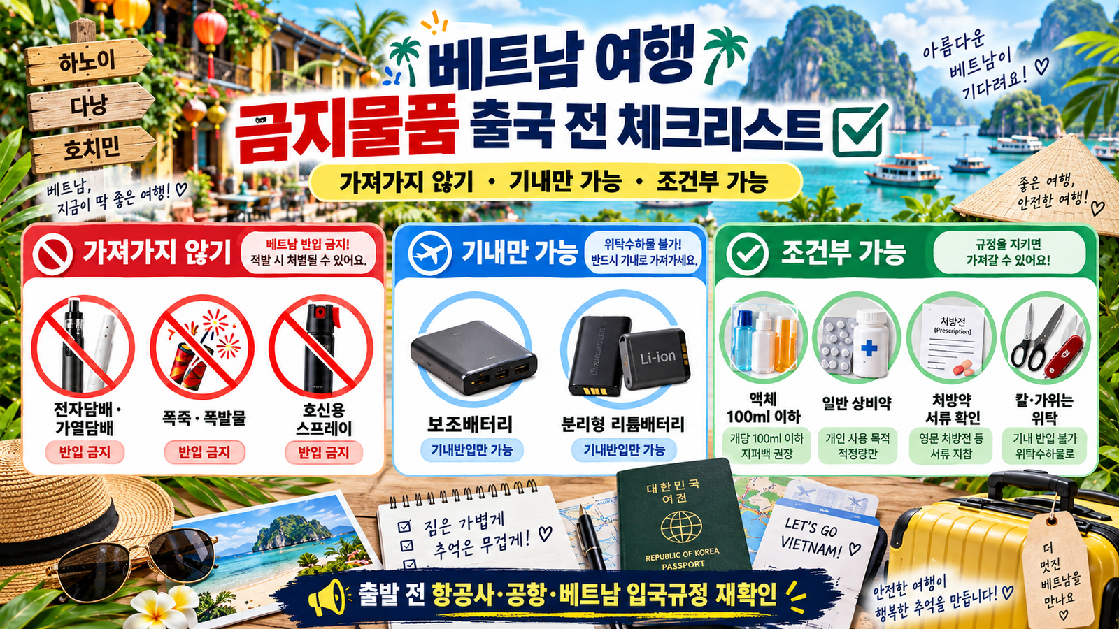 보조배터리는 위탁 캐리어가 아니라 기내 휴대수하물로 가져가세요
