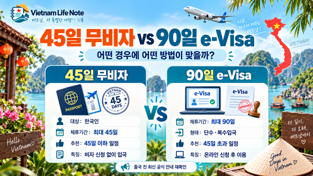 베트남 45일 무비자와 90일 e-Visa 비교
