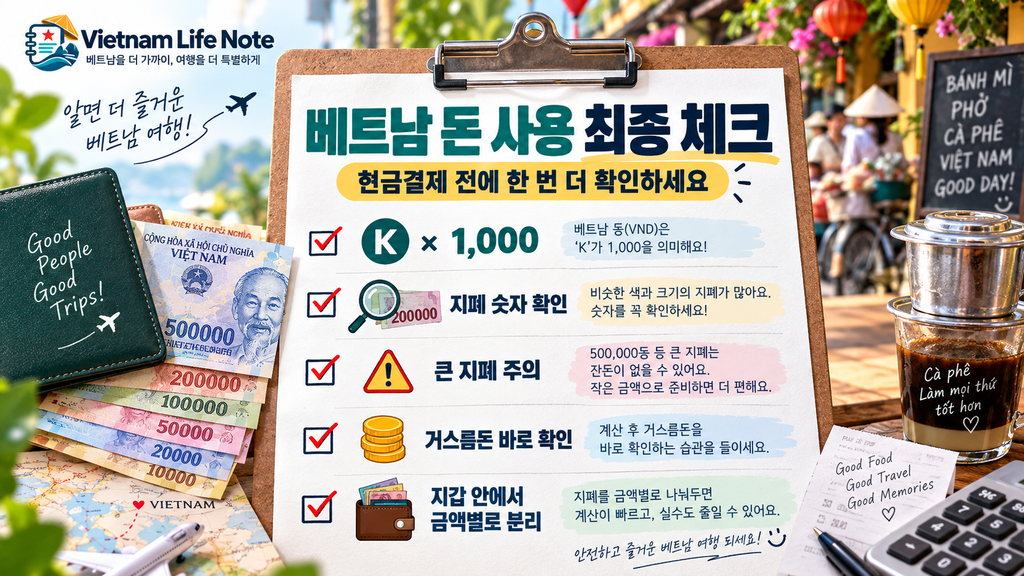 베트남 돈 사용 지폐 확인 체크리스트