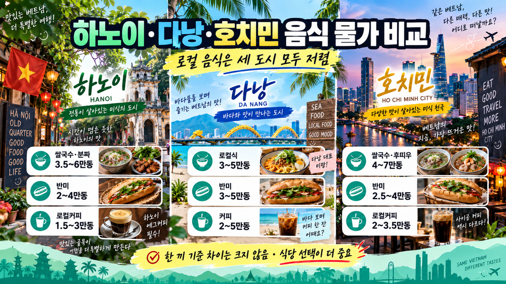 하노이 다낭 호치민 음식 물가 비교