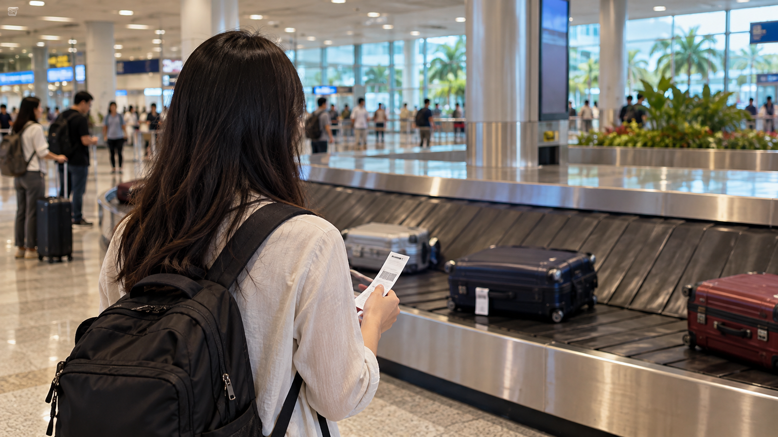 베트남 공항 수하물 벨트에서 위탁 캐리어를 기다리는 여행자